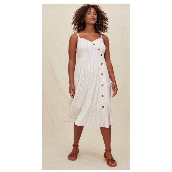 Torrid Midi Challis Asymmetrical Button Front Dress Striped Beige White Womens 3 - Picture 1 of 12